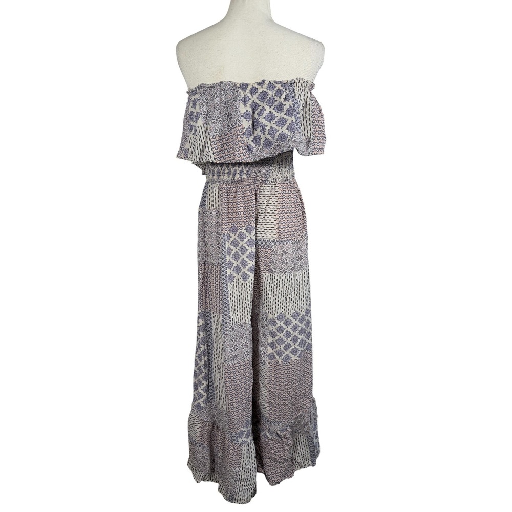 ILLA ILLA Patchwork Jumpsuit Womens L Blue Boho Off Shoulder Wide Leg Rayon - Picture 4 of 13